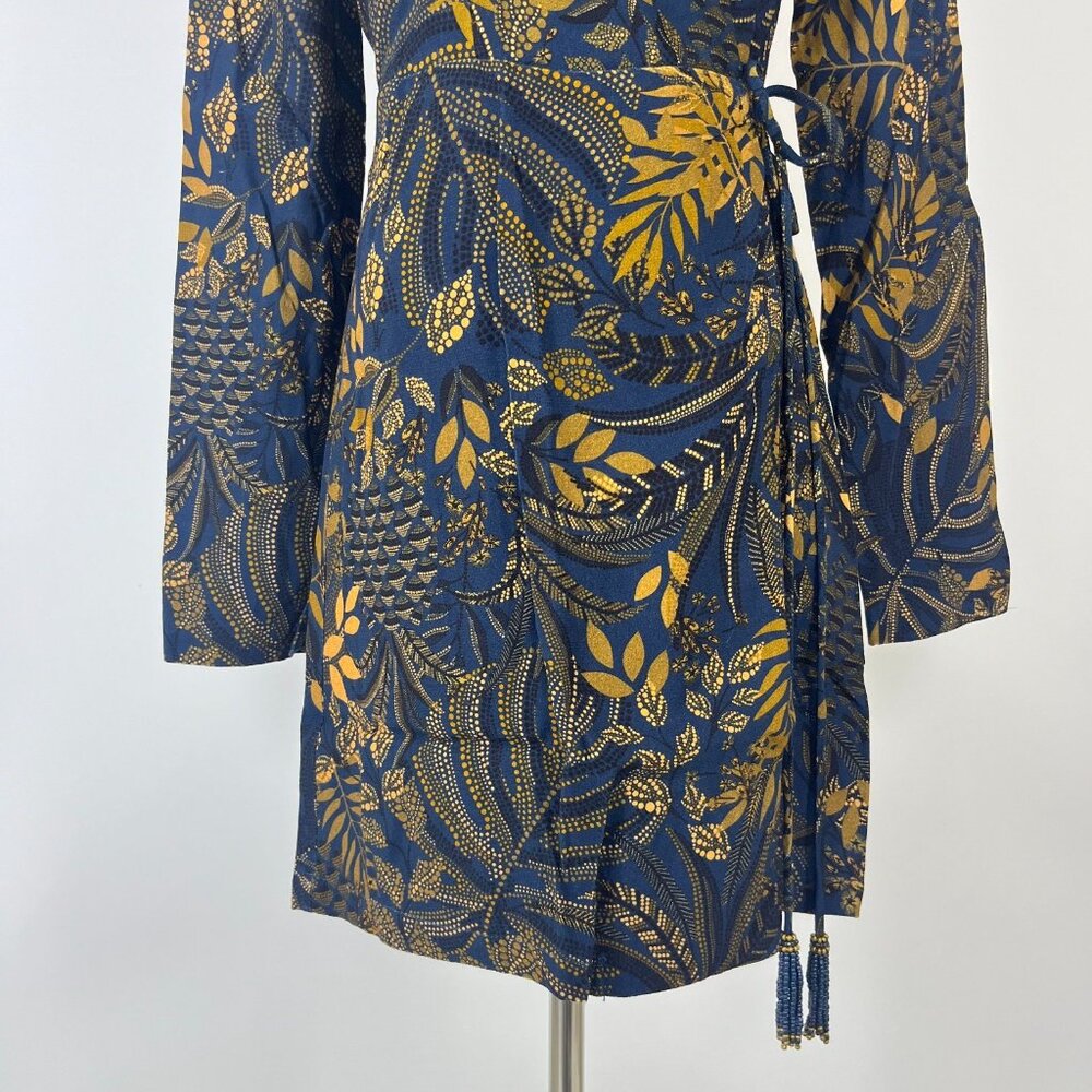 NWT Farm Rio Gold Blue Floral Forest Wrap Mini Dress Long Sleeve Size S - Picture 7 of 15